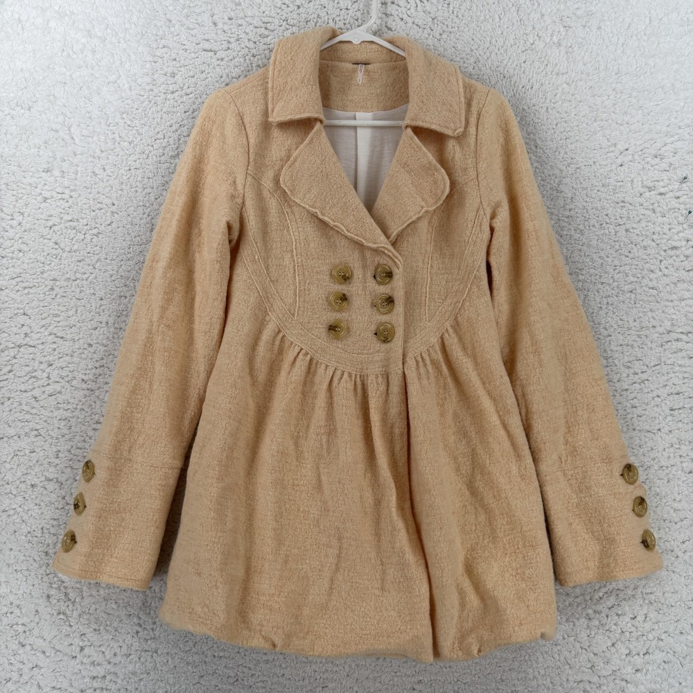 Free People Coat Womens Small Beige Wool Pea Coat Pleated Button Front Lined
